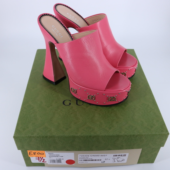 Gucci  37.5 Janaya Logo Studded pink GG Platform Heels Mules E800 - Picture 2 of 14